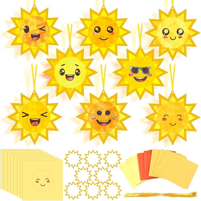 AmazingSpark 30 Pcs Sun Suncatchers Paper Craft Spring Sun Face DIY Stained Glass Effect Tissue Paper Kits Gift Bulk for Fall Autumn Activities Art Party Decor