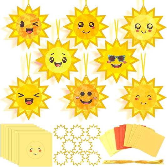 AmazingSpark 30 Pcs Sun Suncatchers Paper Craft Spring Sun Face DIY Stained Glass Effect Tissue Paper Kits Gift Bulk for Fall Autumn Activities Art Party Decor