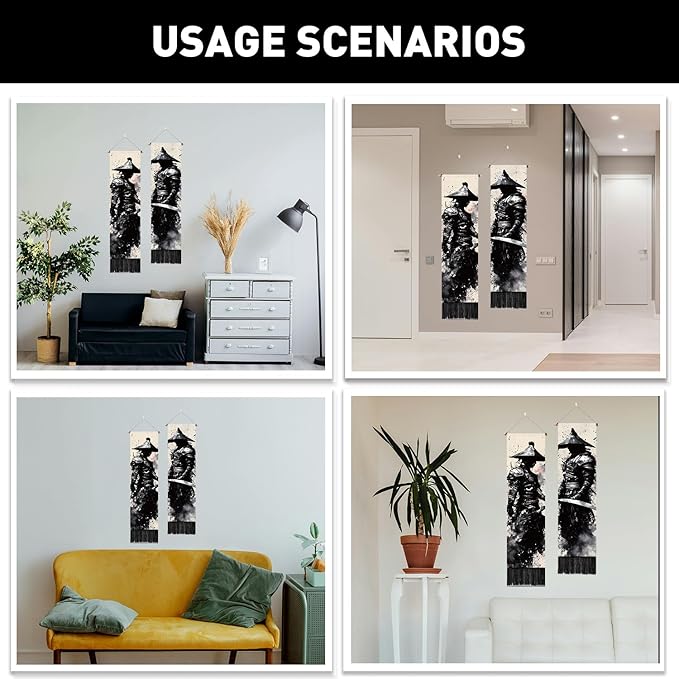 PLIGREAT 2 Pack Ink Style Tapestry Japanese Samurai Vertical Wall Hanging with Tassels Black Aesthetic Wall Tapestry for Bedroom Living Room Dormitory Backdrop Home Art Decor, 52"x13"