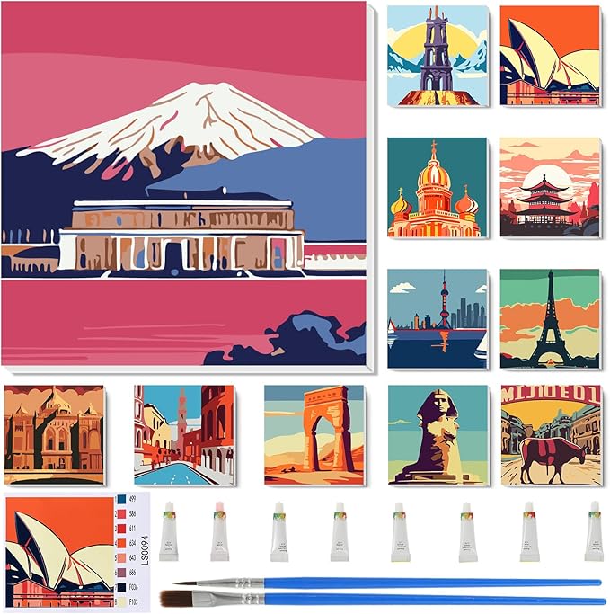 Nezyo 12 Sets Paint by Numbers Kit with Frame for Adult Beginners, Paint by Number DIY Acrylic Painting Canvas for Painting Party, Classroom Activity Birthday Gift, 8 x 8 Inch