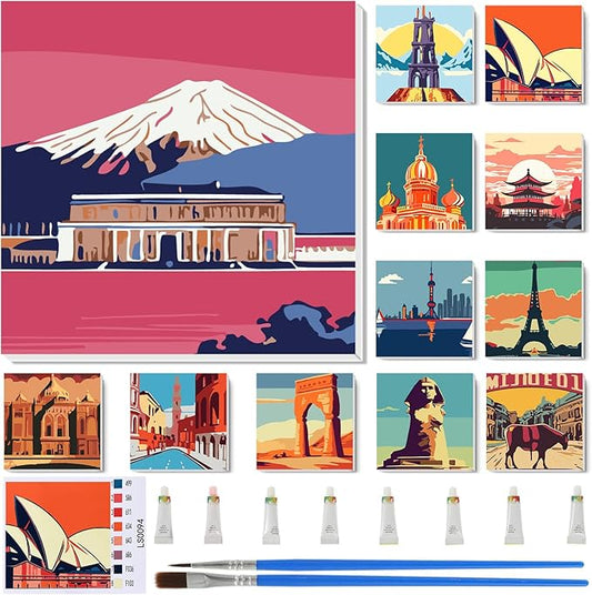 Nezyo 12 Sets Paint by Numbers Kit with Frame for Adult Beginners, Paint by Number DIY Acrylic Painting Canvas for Painting Party, Classroom Activity Birthday Gift, 8 x 8 Inch