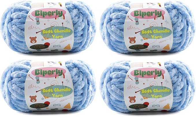 4 * 100g Velvet Chenille Chunky Yarn for Crocheting - 49.2yds per Skein Plush Fluffy Yarn - Easy to Use for Baby Blankets, Knitting Creations & DIY Crafts (4, Light Blue)