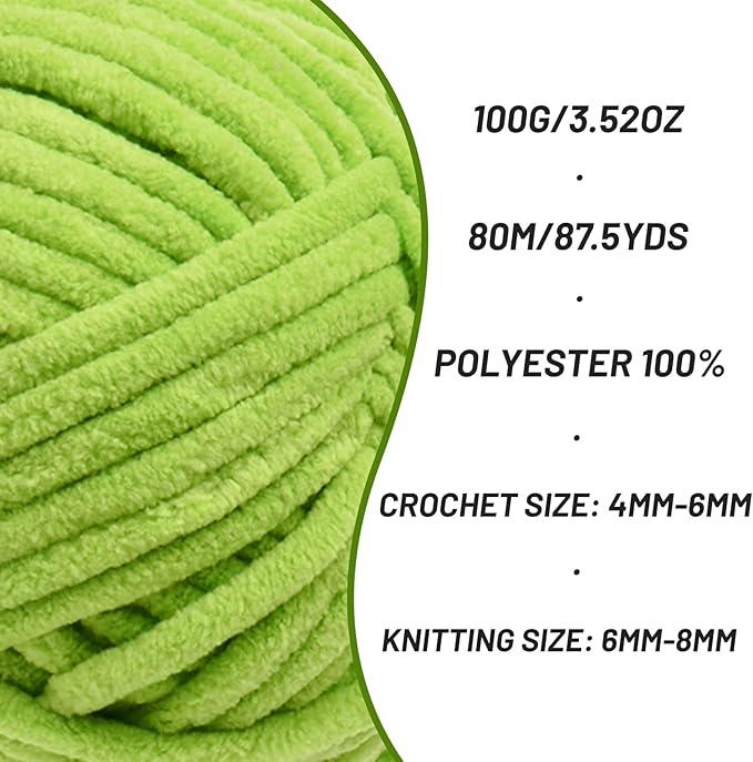 2 Pack Chunky Chenille Yarn for Crocheting, Baby Yarn for Crocheting Soft Blanket, 174.9 yds /7 oz Crochet Yarn, Bulky 5 Amigurumi Yarns, Fluffy Velvet Yarns for Knitting Crafts (2 Lime Green)
