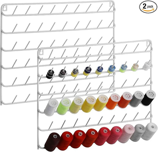 YBING Thread Holder Wall Mount 54 Spools Sewing Thread Rack Embroidery Thread Organizer Rack Sewing Thread Holder White with Hanging Tools for Quilting Braiding Hair Metal 2 Pack