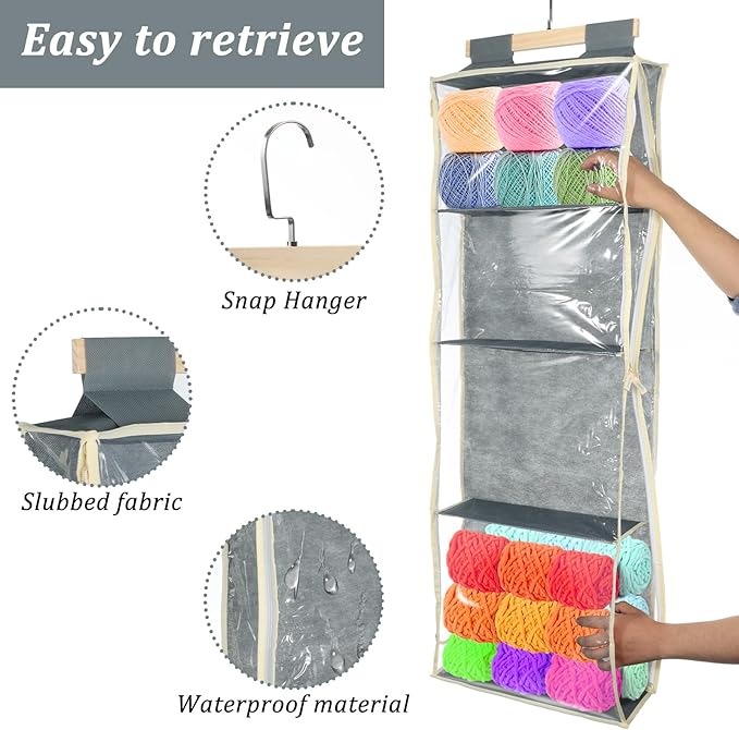 Hlimior Clear Hanging Yarn Storage with 4 Large Pockets, Clear Knitting Organizer Storage with Zippers for Crochet Lovers, Hanging Yarn Holder with Over-Door Hooks for Knitting Needles Crochet Hooks
