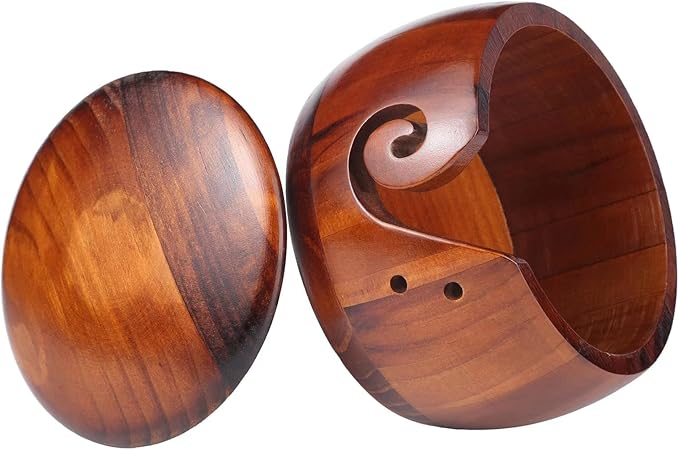 wooden yarn bowl knitting yarn bowl wooden yarn bowl with lid for yarn skeins round wooden bowl with carved holes crochet hook rests (brown)