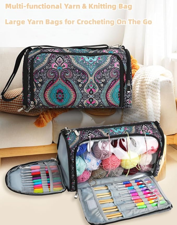 Knitting & Crochet Bag with Zipper, Travel Knitting Bag Yarn Storage for Carrying Project, Yarn, Wool, Knitting Tools Supplies, Multiple Storage Accessory Pockets, Gift for Crafty Friends