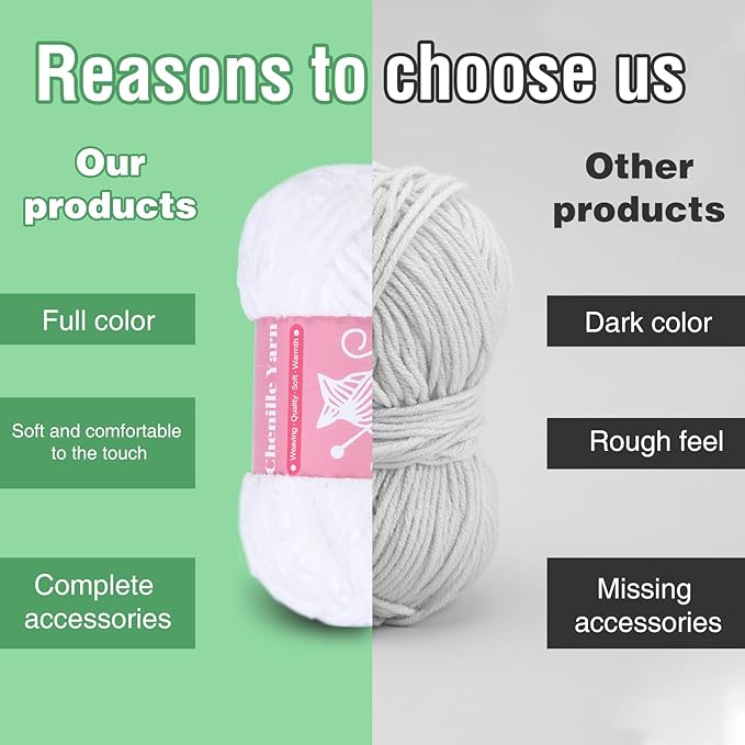 LUNARM Chenille Velvet Yarn for Crocheting & Knitting, Soft Yarn for Making Blankets, Clothes & More - 3 * 3.35oz, 3 * 162yds (White)
