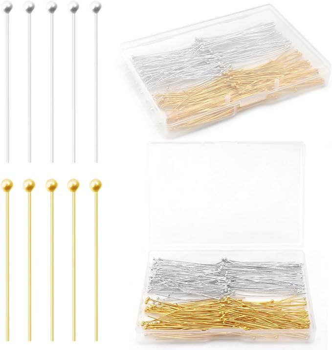 200 Pcs 50mm Straight Ball Pins for Craft Earring Bracelet Necklace Pendant DIY Jewelry Making, Silver & Gold Color