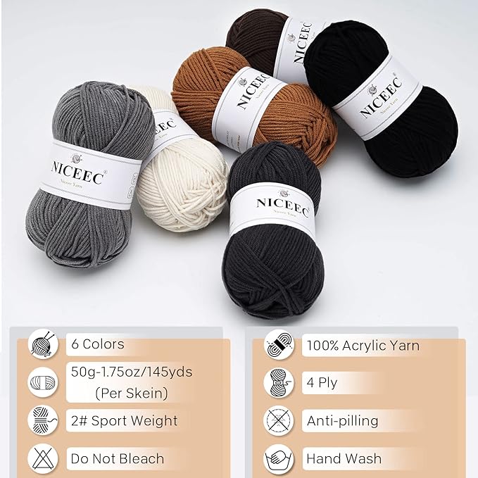 NICEEC 300g Soft Assorted Colors Yarn - Sport Weight,100% Acrylic, 4 Ply, Bonbons Yarn for Crochet & Knit, DIY Project Starter Kit for Kids or Adults(Total 870yds) - Series 6