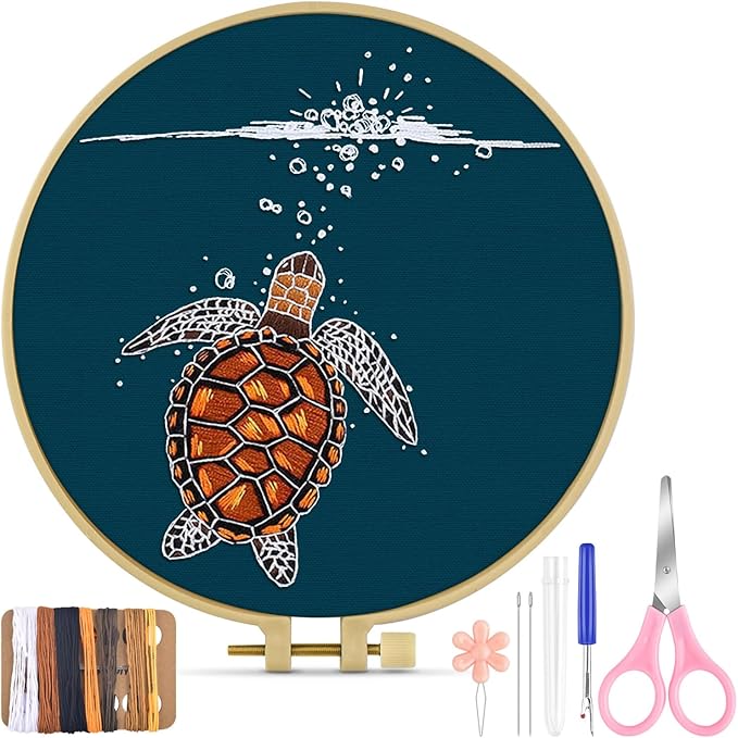 TINDTOP Embroidery Kit for Beginners Adult, Turtle Embroidery Practice Kit for Beginners Include Embroidery Cloth Hoops Threads for Craft Lover Hand Stitch with Embroidery Skill Techniques