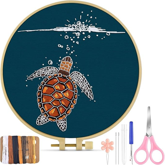 TINDTOP Embroidery Kit for Beginners Adult, Turtle Embroidery Practice Kit for Beginners Include Embroidery Cloth Hoops Threads for Craft Lover Hand Stitch with Embroidery Skill Techniques