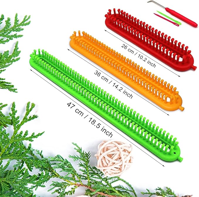 Katech 3 pcs Rectangle Knitting Looms Set Dense Pegs Loom Knitter Different Sizes Colorful Plastic Weaving Looms Set DIY Yarn Weaving Kits with a Crochet Hook and Needle (Color is Random)