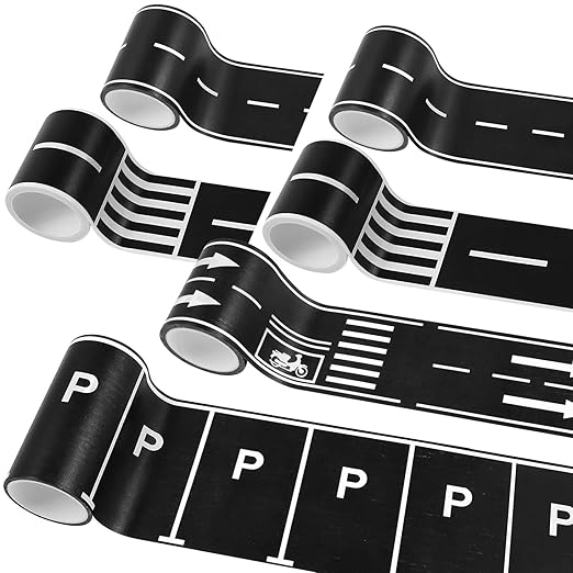 6 Rolls Roadway Tape, Race Cars Decorations for Kids Birthday Party, Race Track Tape Easy to Stick and Tear Without Leaving Any Traces, 92 FT Long 4 Types of Road Tape