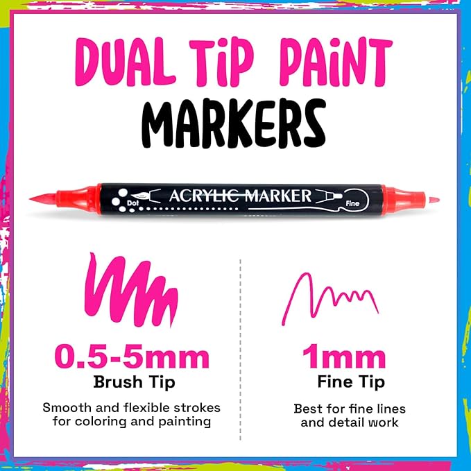 36 Colors Dual Tip Acrylic Paint Markers,Fine Tip and Brush Tip Permanent Acrylic Paint Pens For Rock Painting, Canvas, Wood, Glass, Ceramic, Fabric, Plastic, Egg, Scrapbook,Art Painting Supplies Kit