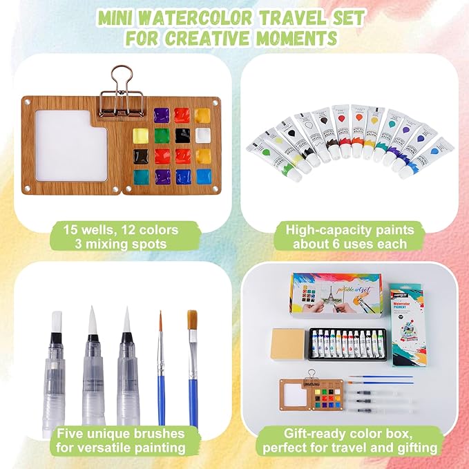 Watercolor Paint Set 12 Colors, 15-Compartment Mini Travel Watercolor Kit with 5 Brushes & Sketchbook, Portable Wooden Box with Color Storage Case for Plein Air & Urban Sketching
