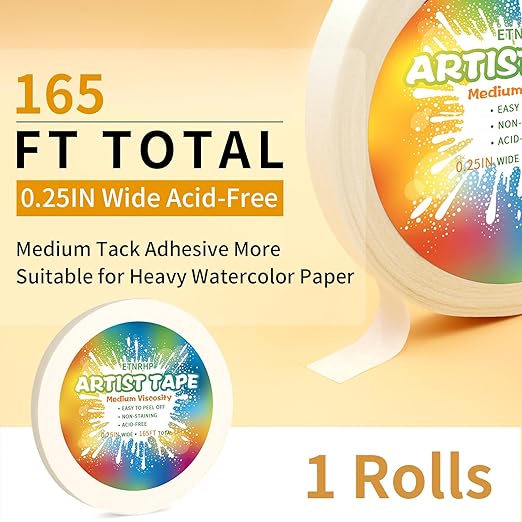 White Art Tape Medium Tack Artist Masking Tape Paper Acid Free Tape Watercolor Painters Tape Artists Tape for Drafting Art Watercolor Painting Canvas Framing, 0.25 inch Wide 165FT Long
