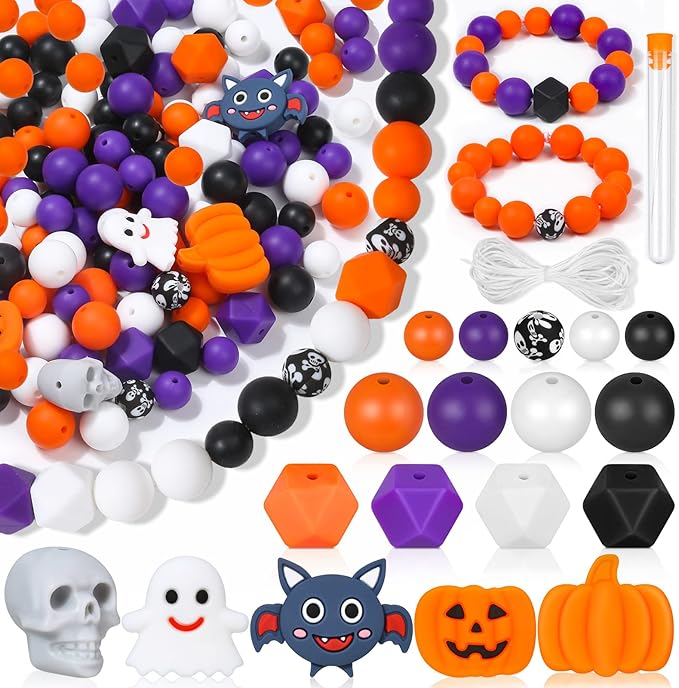145 PCS Halloween Silicone Beads Kit - Round Loose Beads with Pumpkin Skull, Ghost, Bat & Polygonal Pastel Shapes for Home Decor, Crafts & Jewelry Making