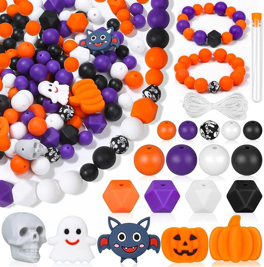 145 PCS Halloween Silicone Beads Kit - Round Loose Beads with Pumpkin Skull, Ghost, Bat & Polygonal Pastel Shapes for Home Decor, Crafts & Jewelry Making