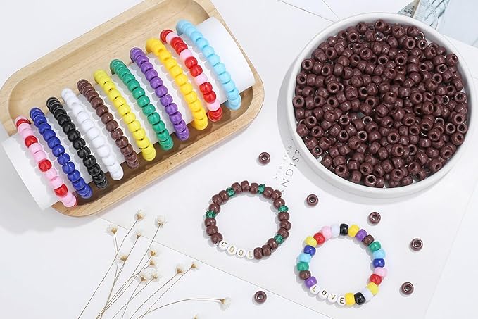 1000Pcs Brown Pony Beads Bulk Plastic 6x9mm Beads for Necklace, Hair Bead for Braids Kandi Pony Crafts Bead for Bracelets Jewelry Making Keychain (Brown)