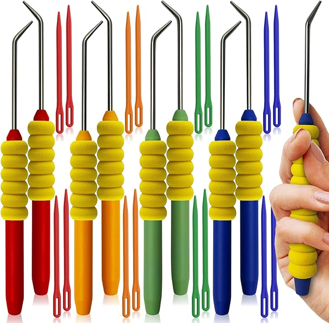 UCDRMA Knitting Loom Hook Refill Set, 8PCS More Comfortable Loom Knitting Hook with Soft Grip, Longer Stainless Steel Loom Crochet Hooks Kit (6in) & 16 Sewing Needles, Great Yarn Loom Knit Tools