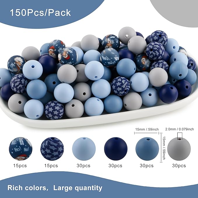 150Pcs Mixed Color 15mm Silicone Beads for Keychain Making, Gray Blue Star Print Silicone Beads for Pens and Bracelet Jewelry Making