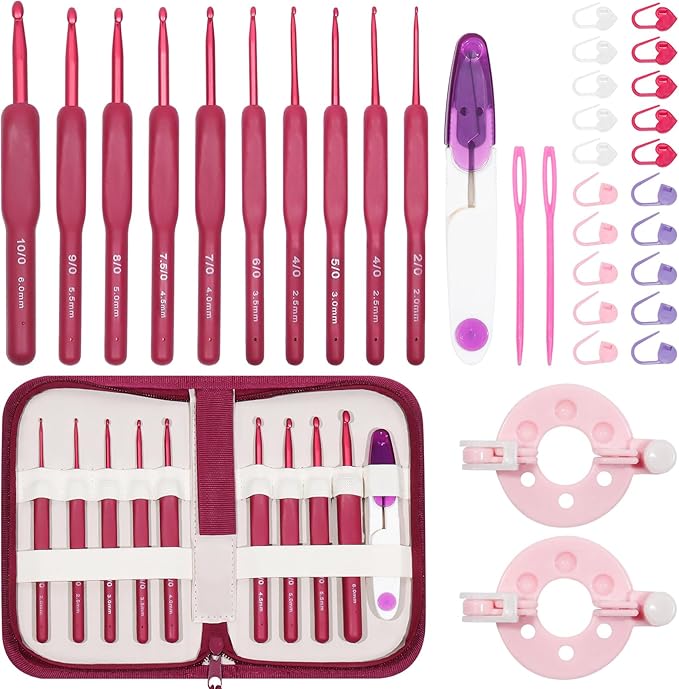 VASTRISE 34PCS Crochet Hooks Set,9 Sizes 2.5-6 mm Red Gradient Aluminum Ergonomic Soft Handle Crochet with Case and Crochet Kit for Beginners Adults for Arthritic Hands Crochet Needle Set