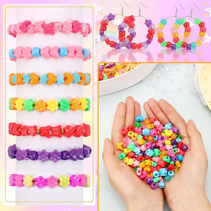 UPINS 1200 Pcs Colored Shaped Pony Beads -Large Perforated Assorted Heart Flower Star Butterfly Beads for Pipe Cleaners Friendship Bracelets Necklace for Classroom Crafts Screen-Free Fun for Kids
