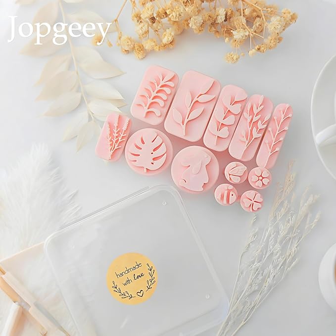 Jopgeey Polymer Clay Stamps Tool Set for Adults - 3D Print 12 Shapes of Plant & Animal, Work with Polymer Clay Cutter, Spring Cutter Stamps for Jewelry Pieces Making, Earrings and Necklace Pendants