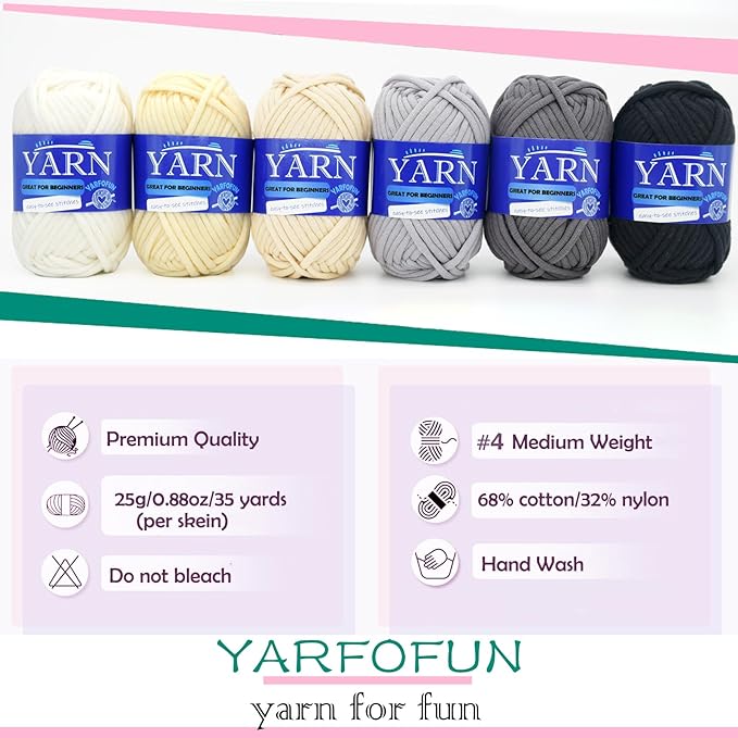 6 Pack Beginners Crochet Yarn Black Grey Beige White Cotton Nylon Blend Yarn for Crocheting Knitting with Easy-to-See Stitches - Black White Series
