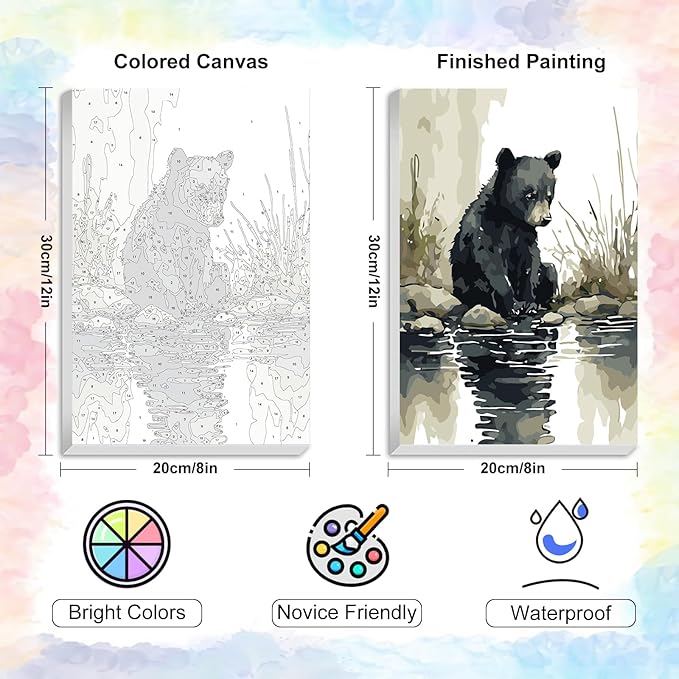 Yezavesu Framed Paint by Numbers Kit for Adults Beginner & Kids Ages 8-12, Bear Paint by Numbers with Frame, DIY Watercolor Number Painting for Adults Bear for Home Wall Decor Gift 8X 12 inch