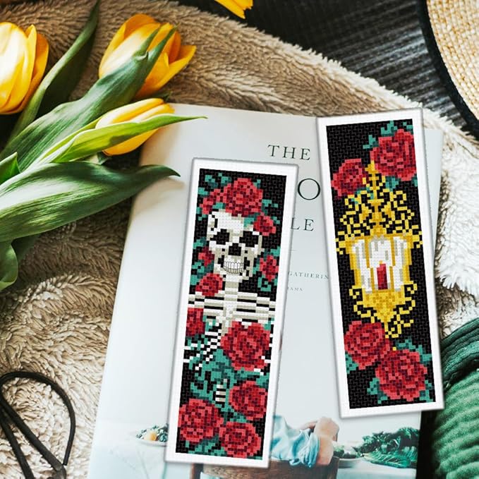 ORIGACH 6 Pcs Cross Stitch Bookmark Kit for Beginner Adults, Gothic Patterns Stamped Embroidery Bookmark Kit with Instruction for Starters for Book Lovers