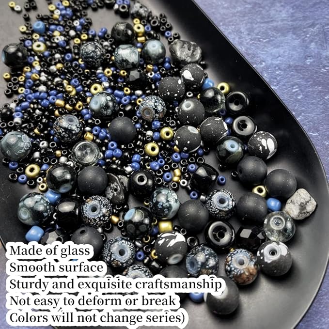 Assorted Glass Resin Beads Multi Size Colors Smooth Cracked Gravel Millet Spacer Beads for Bracelets Necklace Earring DIY Jewelry Making Craft(Black Series)