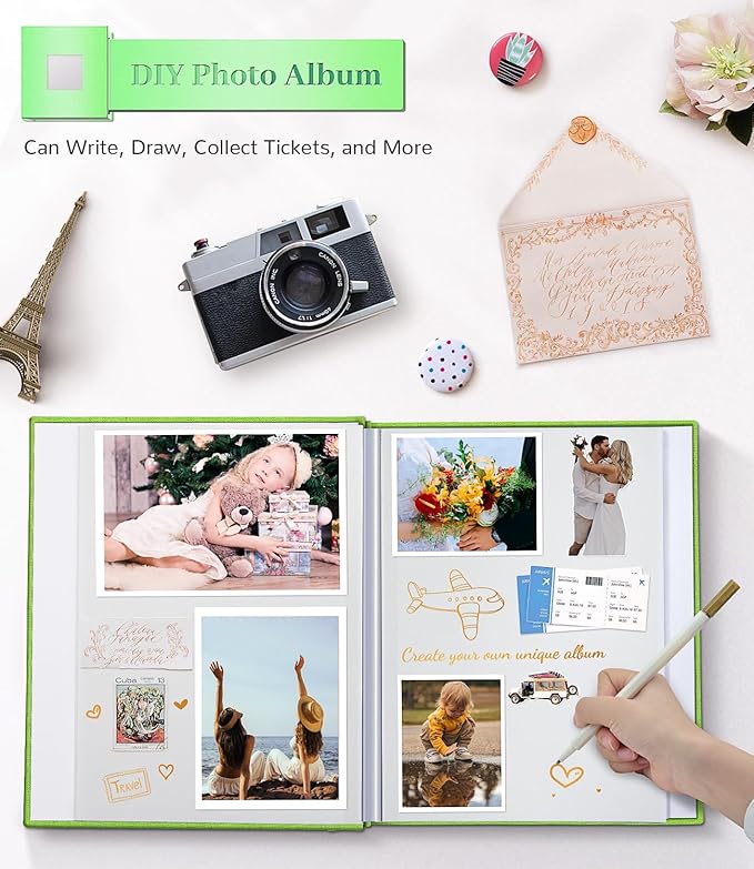 Photo Album Self Adhesive Scrapbook Album for 3x5 4x6 5x7 8x10 Pictures,120 Pages Linen Cover with Display Window DIY Photo Book,Ideal Gifts for Family Travel Wedding Baby