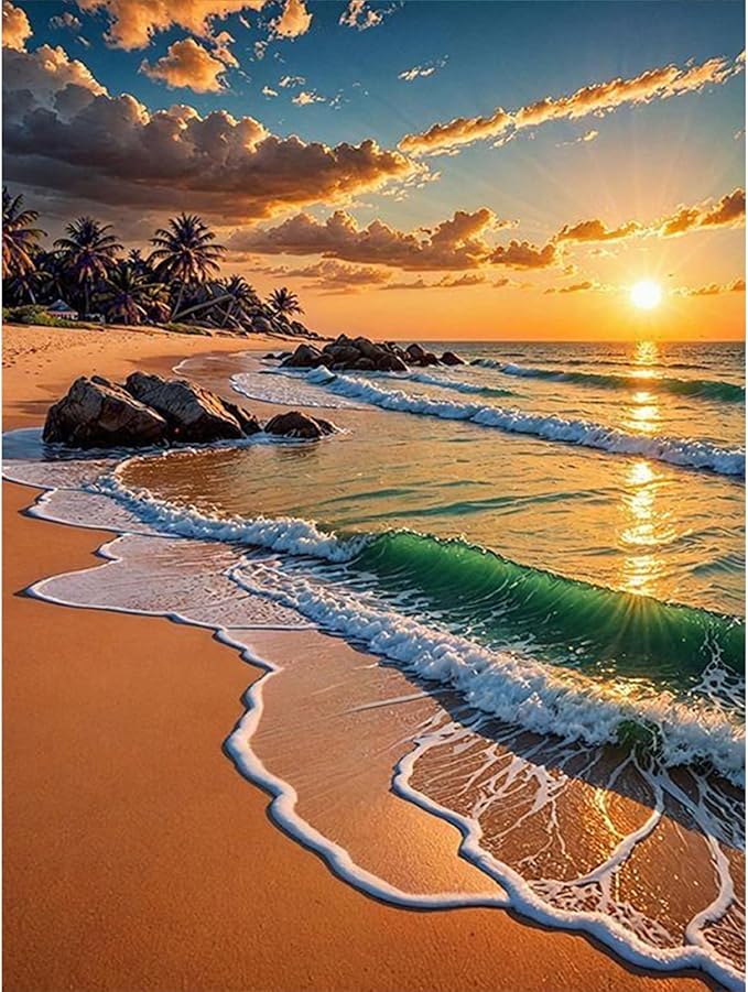 Yezavesu Beach Diamond Art Kits for Adults, Sunset 5D Diamond Painting Kit for Beginners, DIY Round Full Drill Painting with Gem Art Craft Kits for Home Wall Decor 12x16 Inch
