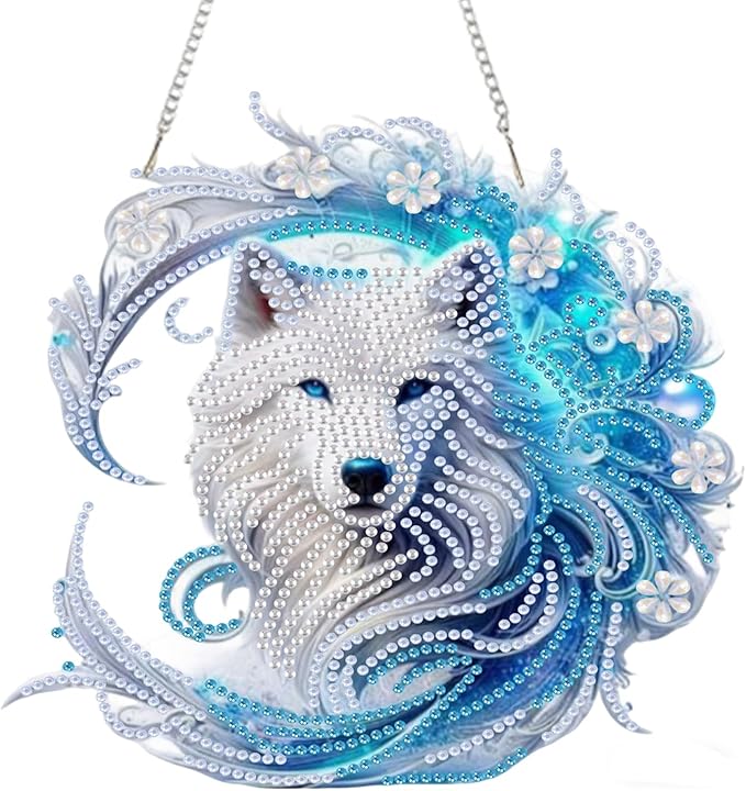 AIBOERL Diamond Art Hanging Kit for Adult,Special Shaped Rhinestone,Double Sided 5D DIY Acrylic Diamond Art Painting Window Pendants Home Garden Wall Hanging Kits Hanging Ornament (Wolf)
