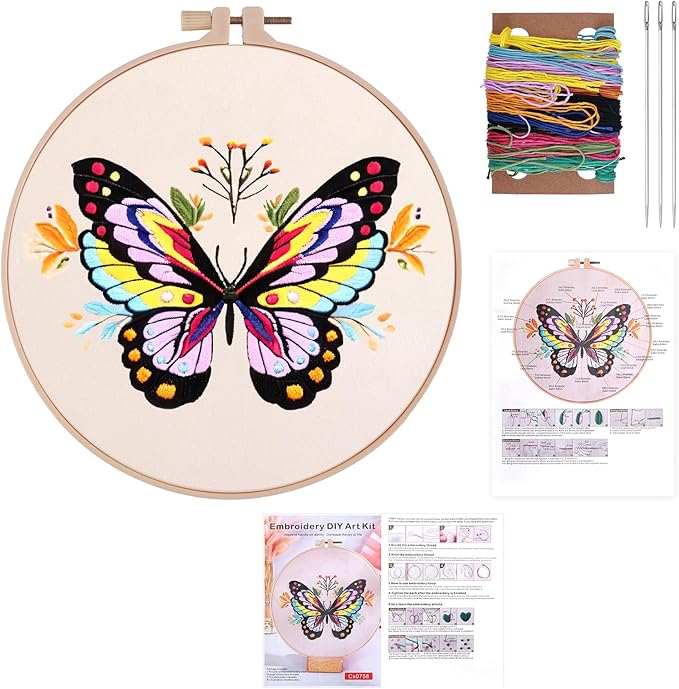 3Pcs Butterfly Flower Pattern Embroidery Kit, Cross Needlepoint Set, Hand Stamped Pre-Printed Fabric with Embroidery Tools, Stitch Practice Kit for Beginners, Adults, DIY Home Decor, Embellishment