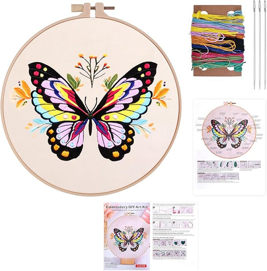 3Pcs Butterfly Flower Pattern Embroidery Kit, Cross Needlepoint Set, Hand Stamped Pre-Printed Fabric with Embroidery Tools, Stitch Practice Kit for Beginners, Adults, DIY Home Decor, Embellishment