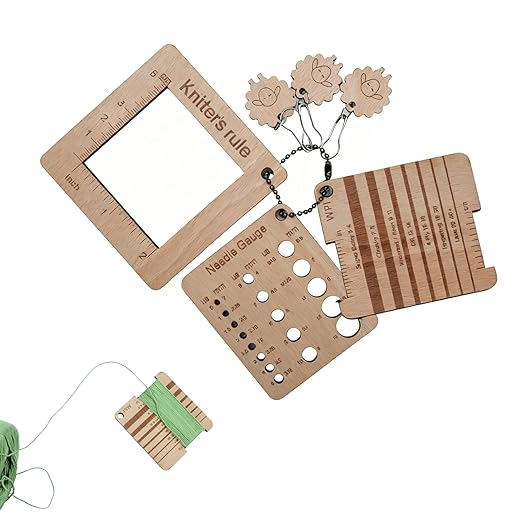 Wood Knitting Gauge Set – WPI Yarn Measure + 8 * 8cm Density Ruler + 3pcs Lamb Stitch Markers + Chain for Sweater Scarf Hat Sewing Knitting Crafts