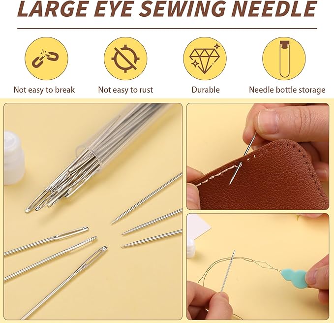 24 PCS Large Eye Sewing Needles, 3 Size Sewing Needles, Leather Embroidery Thread Sharp Needle, Stainless Steel Yarn Knitting Needle for Handsewing, Crafts, Repair, Quilting