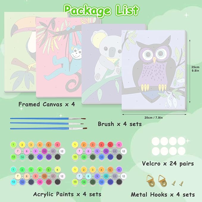 KEYIFA 4 Pack Framed Paint by Numbers Kit for Kids Age 6-12, Easy Animal Paintings for Adult Beginner, Framed Acrylic Canvas Painting for Home Decor Children Gift, 8x10 in (Toucan+Monkey+Koala+Owl)