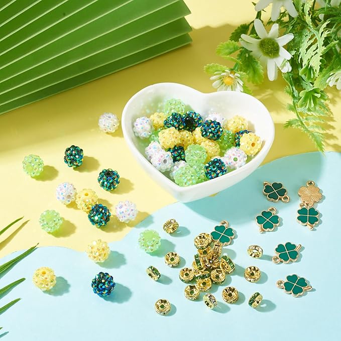 Cheriswelry St.Patrick's Day Jewelry Making Kit Green Clover Four Leaf Pendants Clay Disco Ball Beads Flat Round Rhinestone Spacer Bead for DIY Bracelet Necklace Earring Crafts 137Pcs/Set