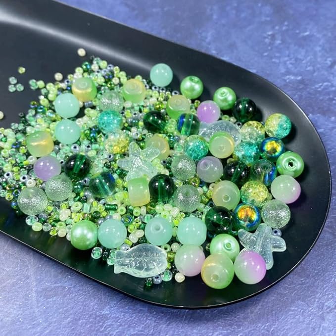 Assorted Glass Resin Beads Multi Size Colors Smooth Cracked Gravel Millet Spacer Beads for Bracelets Necklace Earring DIY Jewelry Making Craft(Xizi Green Series)