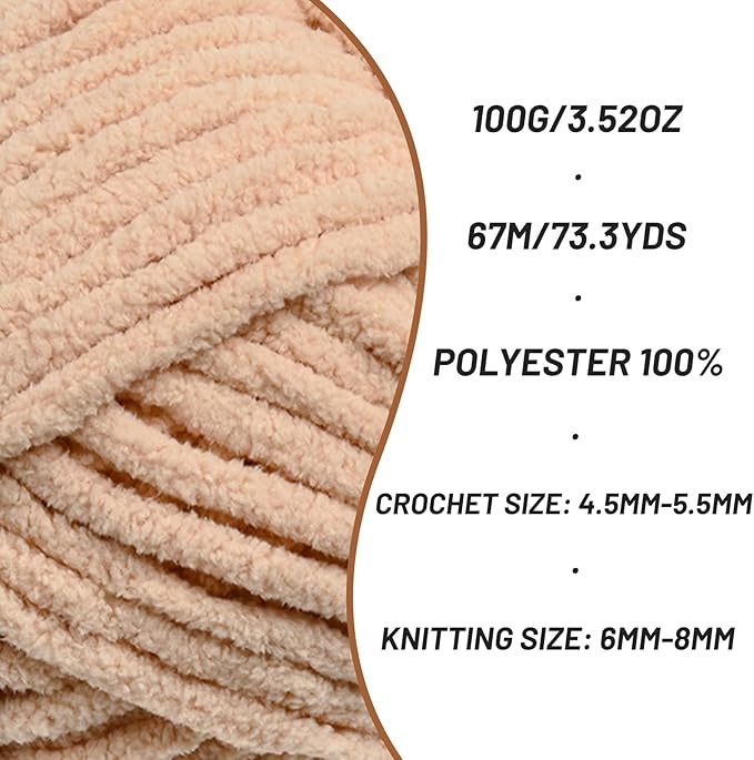2 Pack Chunky Chenille Yarn for Crocheting, Baby Yarn for Crocheting Soft Blankets, Bulky Yarns for Crochet Amigurumi, 200g (148.7yds) Fluffy Velvet Yarns for Hand Knitting (2 Apricot)
