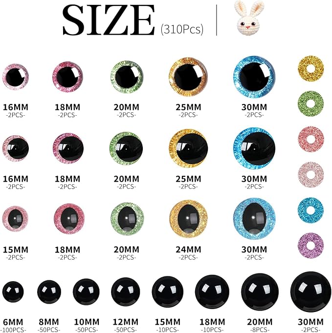 MUCUNNIA 620PCS Safety Eyes for Crocheting with Washers 6-30mm Glitter Safety Eyes for Amigurumi Crochet Stuffed Animals Teddy Bear Christmas Decorations