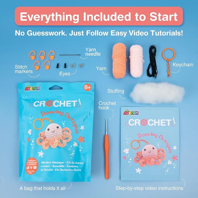 Avenir Beginner Crochet Kit for Adults & Teens - Small Portable Animals Kit with Keychain, Complete Supplies & Video Tutorials, Perfect Arts & Crafts Gift for Women & Girls (Dancing Octopus)