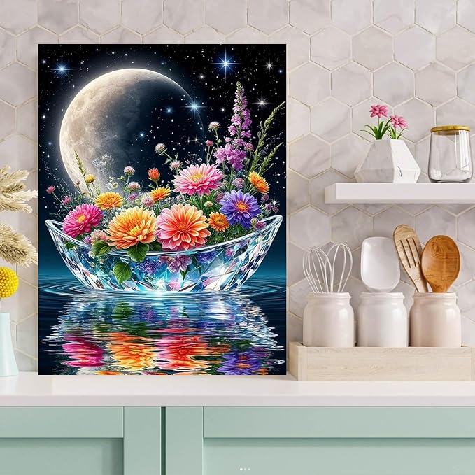 Meothan Diamond Art Kits for Adults, 5D DIY Moon Flowers Boat Diamond Painting Kits for Beginners, Diamond Dots Gem Arts Crafts Kits for Living Room Bedroom Offices Home Wall Decor 12X16 Inch