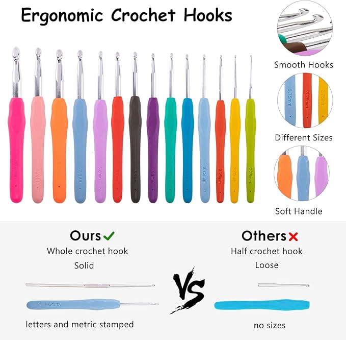 MYBAGZING Crochet Hook Set with Storage Case – 14 Ergonomic Crochet Hooks(2mm(B)-10mm(N), 10 Stitch Markers, Crochet Organizer for Crochet Needles, Accessories, and Supplies