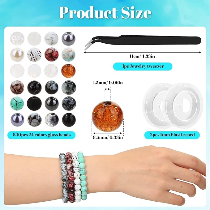 840pcs 8mm Glass Beads - 24 Colors, Round Marble Loose Beads for Men Women Bracelet Earring Necklace Jewelry Making Supplies