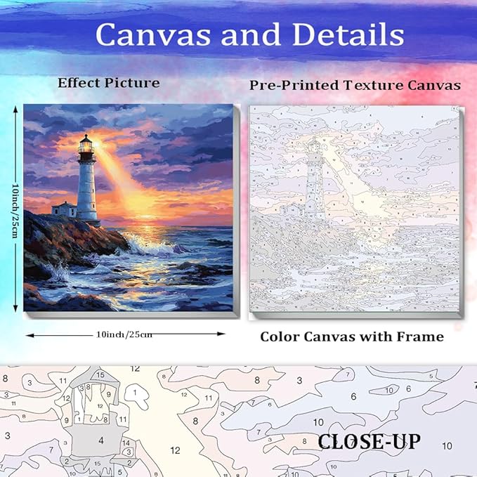 JUJUHOOD Sunset Lighthous Framed Paint by Numbers Kit for Adults Beginner & Kids Ages 8-12,Seaside Paint by Number Without Easel,Paint by Numbers for Gift Home Wall Decor (10x10Inch)